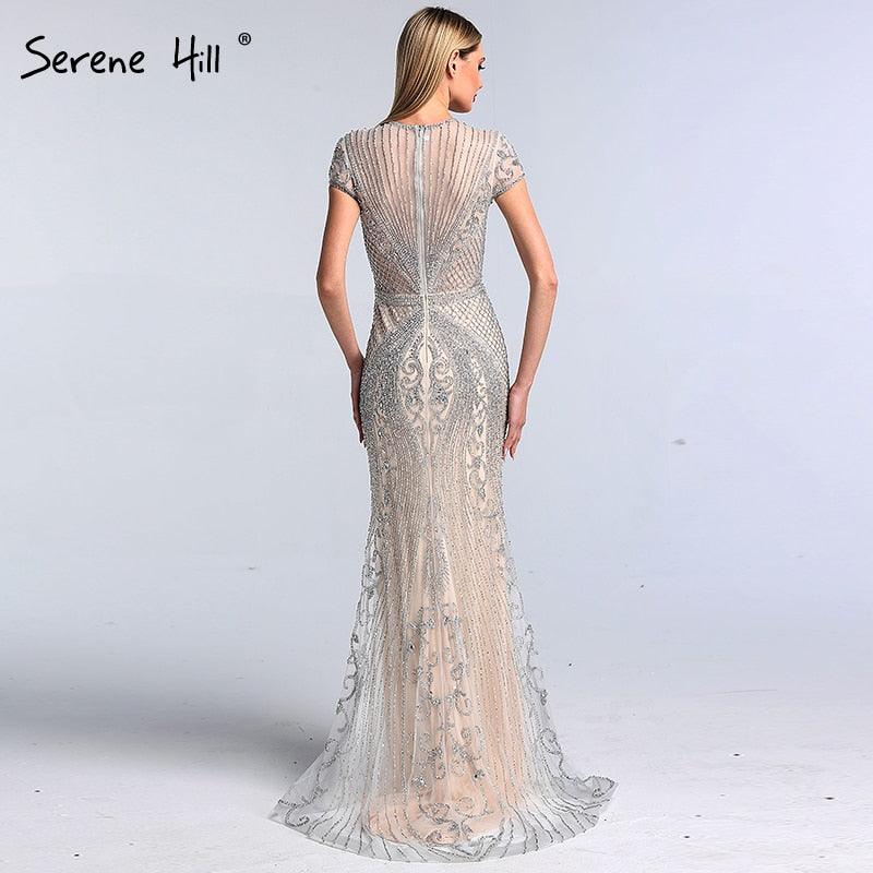 Dubai Grey Full Diamond Sexy Evening Dresses  Cap Sleeve Luxury Mermaid Formal Dress Serene Hill LA60934