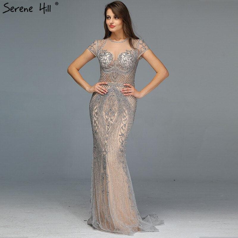 Dubai Grey Full Diamond Sexy Evening Dresses  Cap Sleeve Luxury Mermaid Formal Dress Serene Hill LA60934