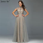 Dubai Grey High-end O-Neck Sexy Evening Dresses  Sleeveless A-Line Diamond Beading Formal Dress Real Photo LA70142