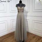 Dubai Grey High-end O-Neck Sexy Evening Dresses  Sleeveless A-Line Diamond Beading Formal Dress Real Photo LA70142