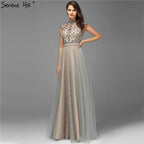 Dubai Grey High-end O-Neck Sexy Evening Dresses  Sleeveless A-Line Diamond Beading Formal Dress Real Photo LA70142