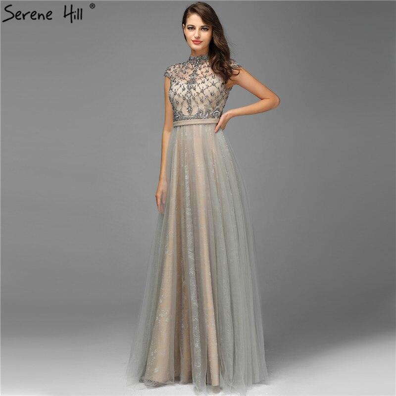 Dubai Grey High-end O-Neck Sexy Evening Dresses  Sleeveless A-Line Diamond Beading Formal Dress Real Photo LA70142