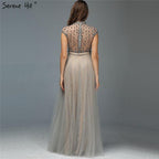 Dubai Grey High-end O-Neck Sexy Evening Dresses  Sleeveless A-Line Diamond Beading Formal Dress Real Photo LA70142