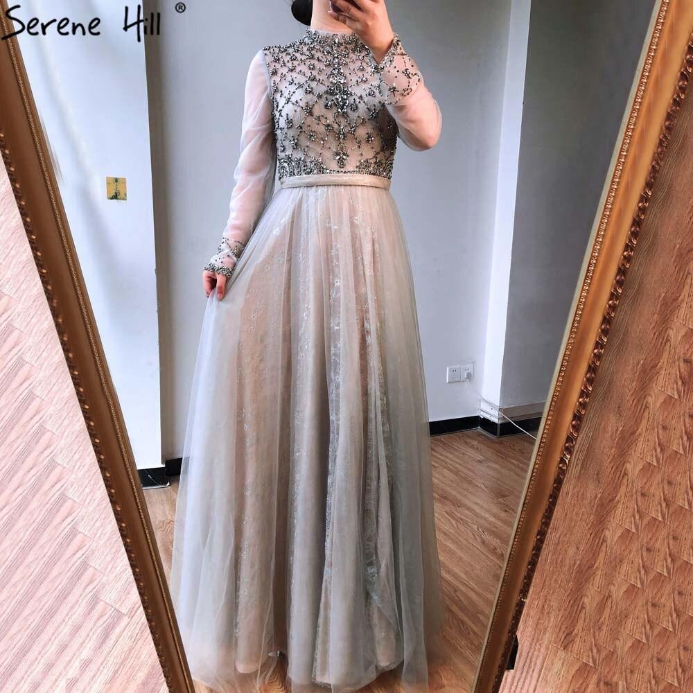 Dubai Grey High-end O-Neck Sexy Evening Dresses  Sleeveless A-Line Diamond Beading Formal Dress Real Photo LA70142