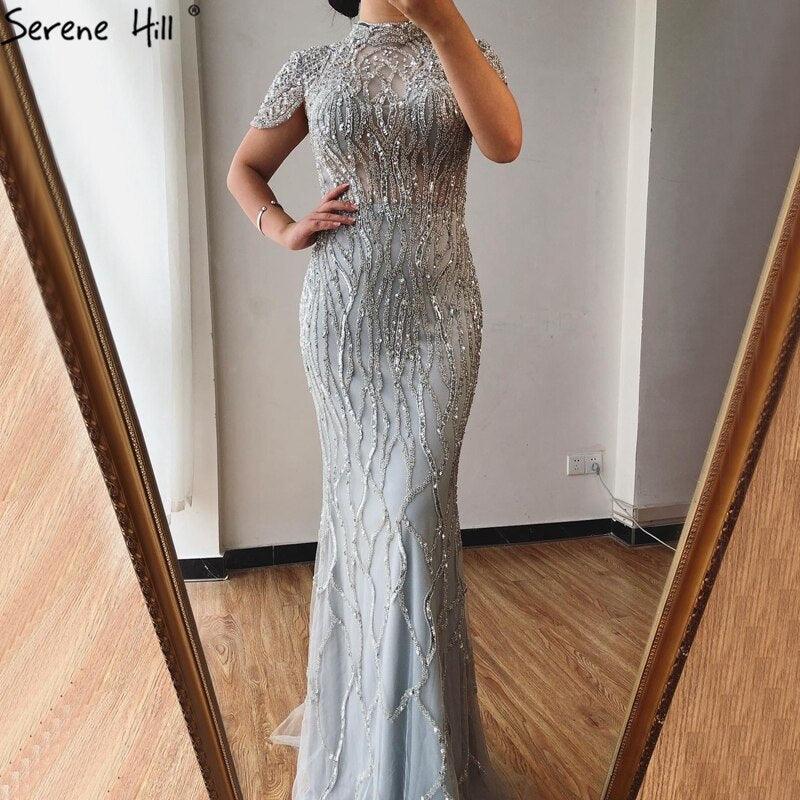 Dubai Grey Mermaid Short Sleeves Evening Dresses Luxury Beading Sparkle Formal Dress Serene Hill LA70649