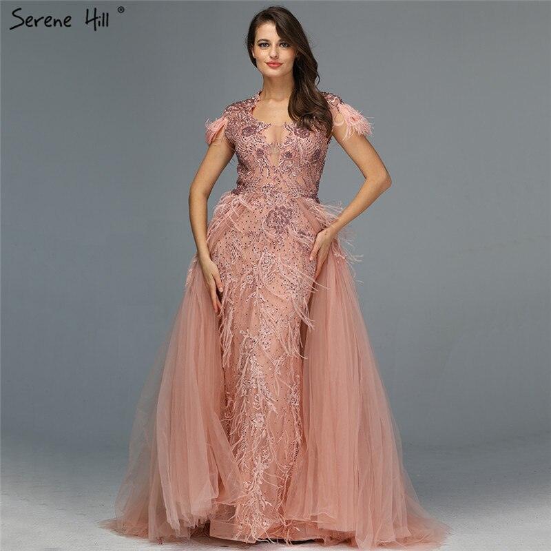 Dubai Grey Sleeveless Tulle Evening Dresses Design 2024 Crystal Feathers Luxury Formal Dress Serene Hill LA70020