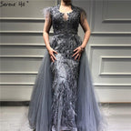 Dubai Grey Sleeveless Tulle Evening Dresses Design 2024 Crystal Feathers Luxury Formal Dress Serene Hill LA70020