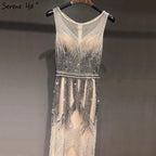 On Sale no return no refundSale Dubai Latest Design Blue Gold Sleeveless Evening Dresses 2024 Beading Sequined Luxury Evening Dress Long Real Photo LA60783