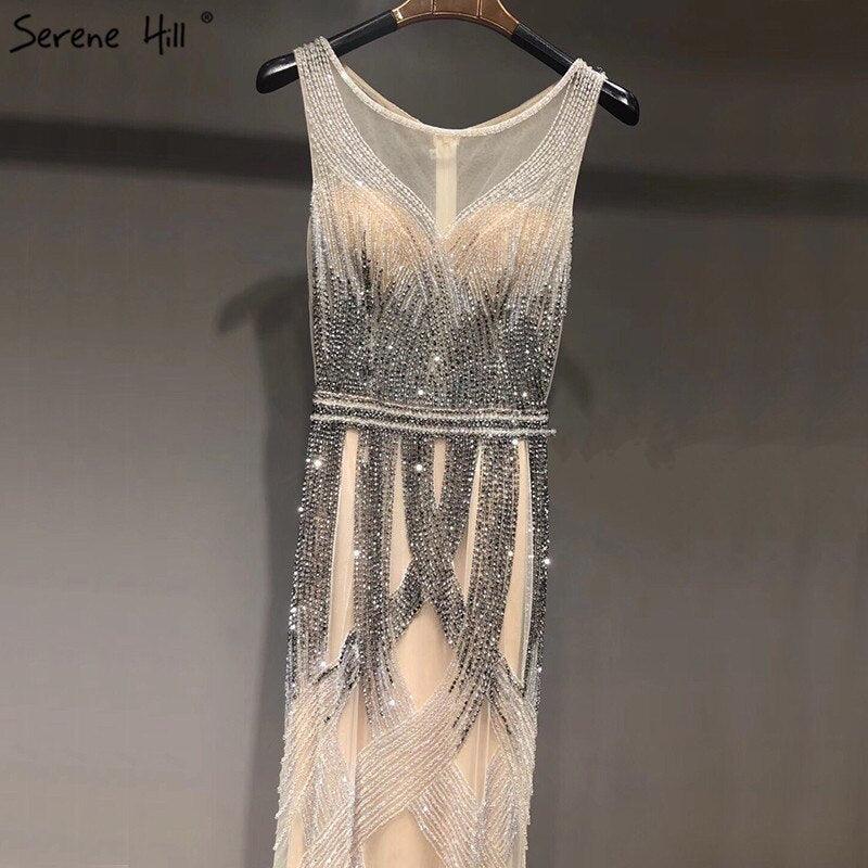 On Sale no return no refundSale Dubai Latest Design Blue Gold Sleeveless Evening Dresses 2024 Beading Sequined Luxury Evening Dress Long Real Photo LA60783