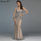 Vestido de noche de lujo gris de manga larga estilo Dubái, escote redondo, corte sirena con diamantes, talla grande 2024, Serene Hill LA70116 
