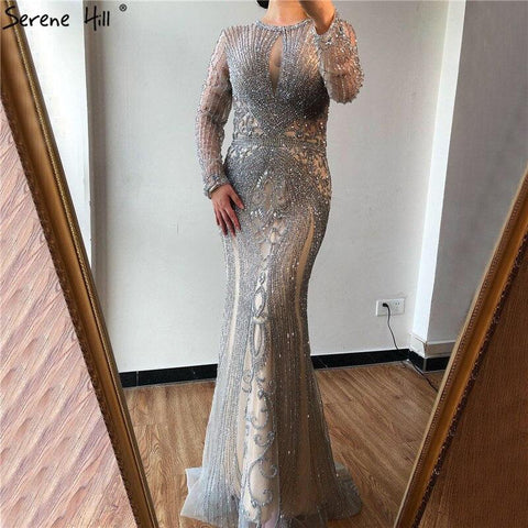 Dubai Lange Ärmel Grau Luxus Abendkleider O-Ausschnitt Voller Diamant Meerjungfrau Abendkleid 2024 Serene Hill Plus Größe LA70116 