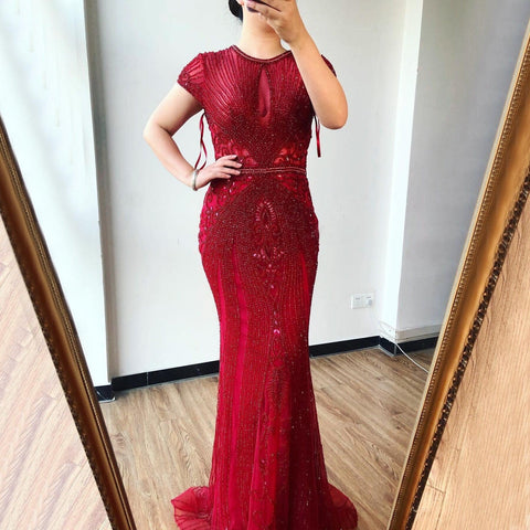 Dubai Lange Ärmel Grau Luxus Abendkleider O-Ausschnitt Voller Diamant Meerjungfrau Abendkleid 2024 Serene Hill Plus Größe LA70116 