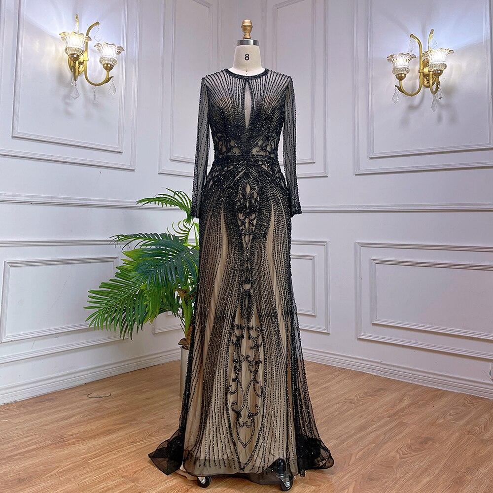 Vestido de noche de lujo gris de manga larga estilo Dubái, escote redondo, corte sirena con diamantes, talla grande 2024, Serene Hill LA70116 