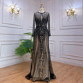 Vestido de noche de lujo gris de manga larga estilo Dubái, escote redondo, corte sirena con diamantes, talla grande 2024, Serene Hill LA70116 