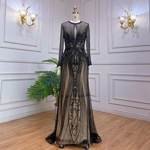 Dubai Lange Ärmel Grau Luxus Abendkleider O-Ausschnitt Voller Diamant Meerjungfrau Abendkleid 2024 Serene Hill Plus Größe LA70116 