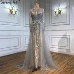 Vestido de noche de lujo gris de manga larga estilo Dubái, escote redondo, corte sirena con diamantes, talla grande 2024, Serene Hill LA70116 