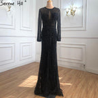 Vestido de noche de lujo gris de manga larga estilo Dubái, escote redondo, corte sirena con diamantes, talla grande 2024, Serene Hill LA70116 