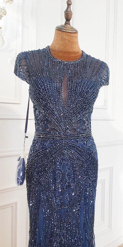 Vestido de noche de lujo gris de manga larga estilo Dubái, escote redondo, corte sirena con diamantes, talla grande 2024, Serene Hill LA70116 
