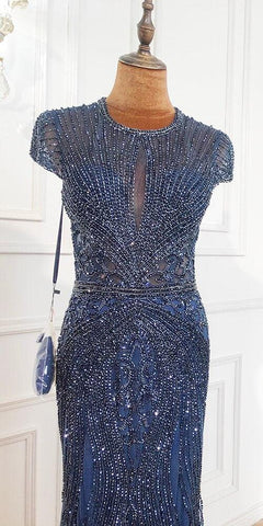 Dubai Lange Ärmel Grau Luxus Abendkleider O-Ausschnitt Voller Diamant Meerjungfrau Abendkleid 2024 Serene Hill Plus Größe LA70116 