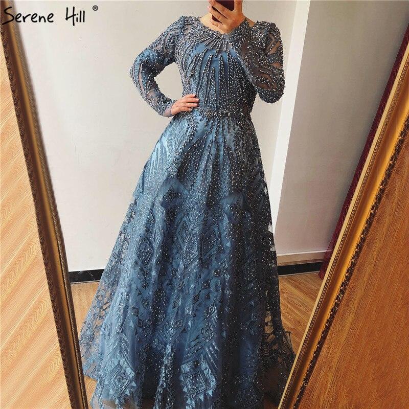 dubai Luxury Designer Navy Blue Lace Beaded  A line Muslim  Long Evening Dresses 2024 Formal Dress Serene Hill Plus Size LA60900