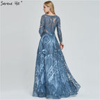 dubai Luxury Designer Navy Blue Lace Beaded  A line Muslim  Long Evening Dresses 2024 Formal Dress Serene Hill Plus Size LA60900
