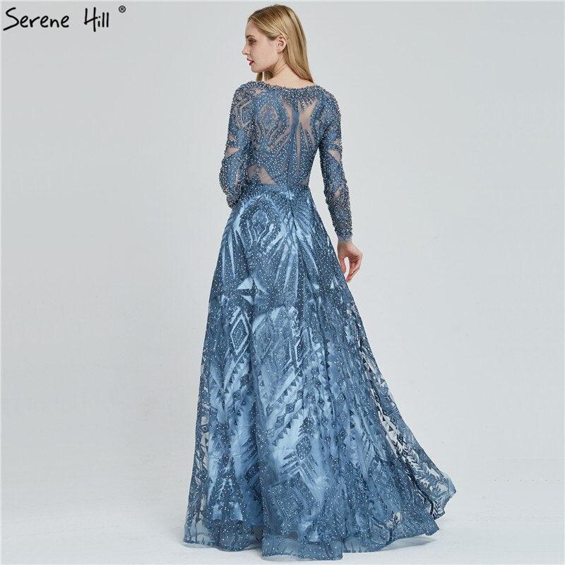 dubai Luxury Designer Navy Blue Lace Beaded  A line Muslim  Long Evening Dresses 2024 Formal Dress Serene Hill Plus Size LA60900