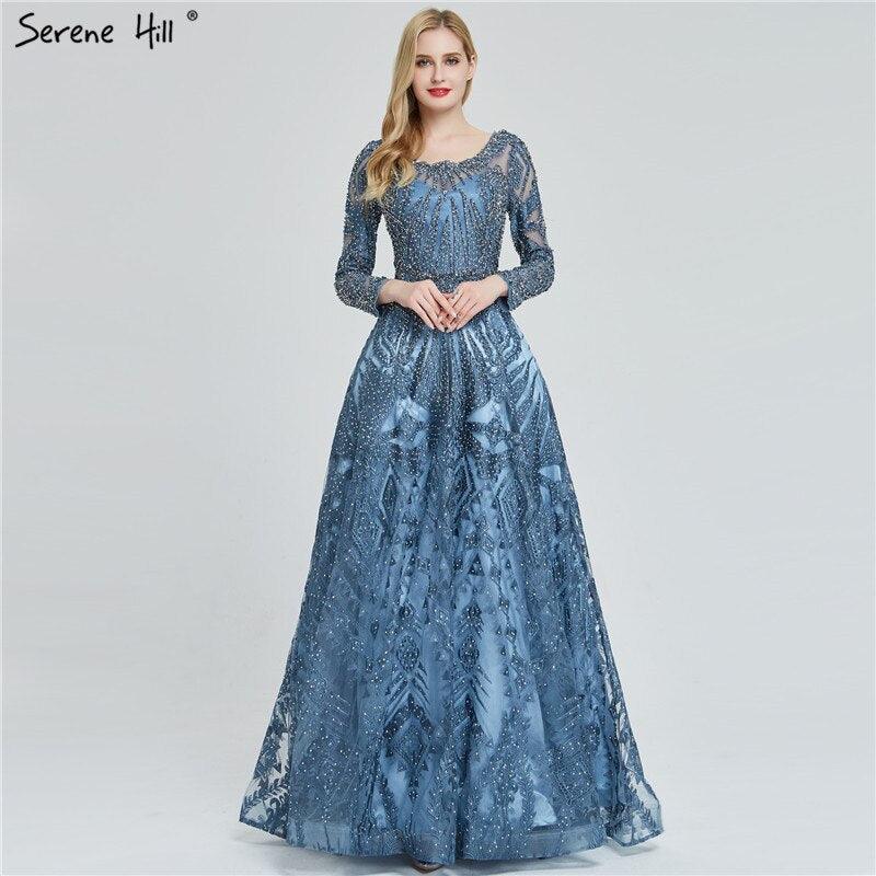 dubai Luxury Designer Navy Blue Lace Beaded  A line Muslim  Long Evening Dresses 2024 Formal Dress Serene Hill Plus Size LA60900