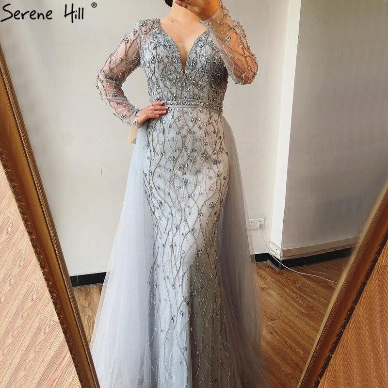 Dubai Luxury Grey With DetachableTrain Evening Dresses  Long Diamond Mermaid Beading Formal Dress Serene Hill LA70341