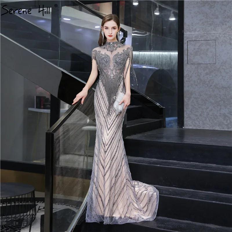 Dubai Luxury High-end  Evening Dresses Champagne Grey Beaded Tassel Formal Serene Hill LA60811