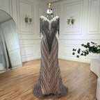 Dubai Luxury High-end  Evening Dresses Champagne Grey Beaded Tassel Formal Serene Hill LA60811
