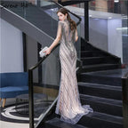Dubai Luxury High-end  Evening Dresses Champagne Grey Beaded Tassel Formal Serene Hill LA60811