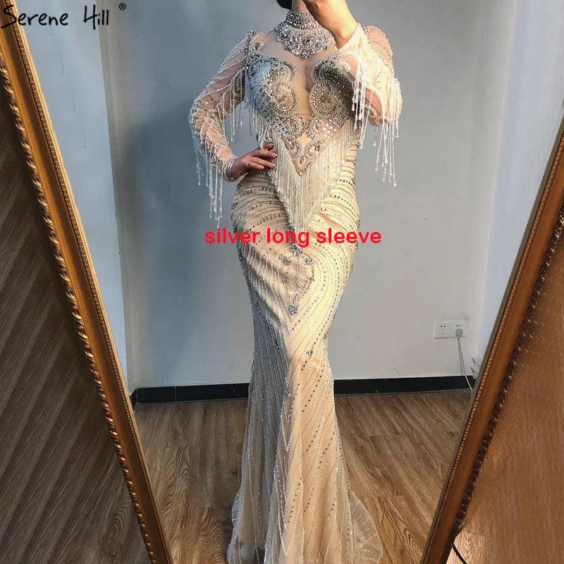 Dubai Luxury High-end  Evening Dresses Champagne Grey Beaded Tassel Formal Serene Hill LA60811