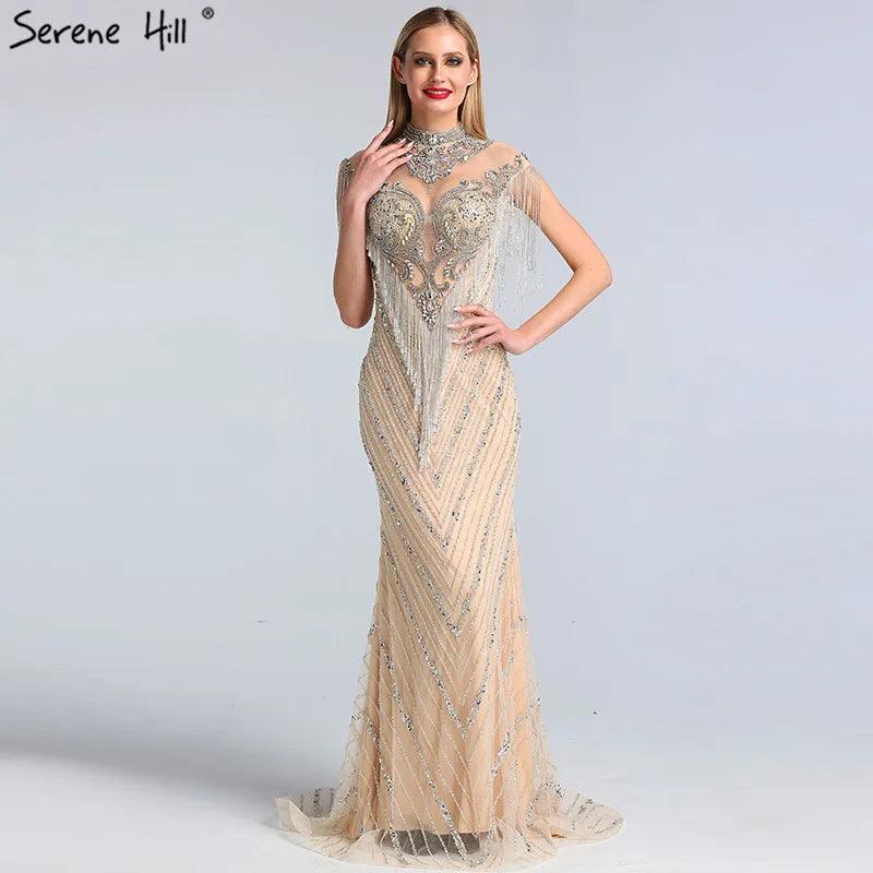 Dubai Luxury High-end  Evening Dresses Champagne Grey Beaded Tassel Formal Serene Hill LA60811