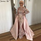 Dubai Peach Luxury Mermaid Vintage Evening Dress Sequined Long Sleeves With Train Evening Gowns 2024 Serene Hill LA6613