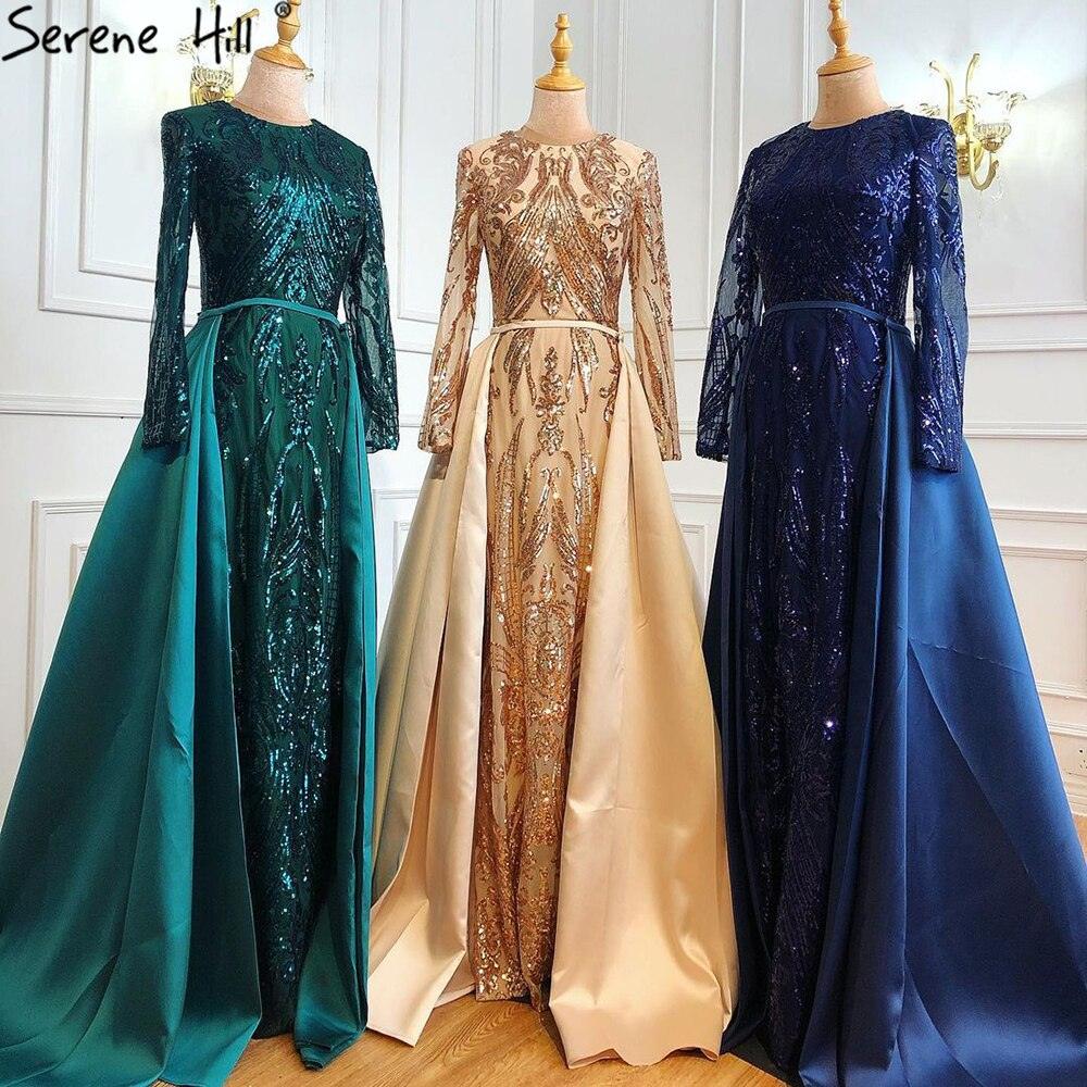 Dubai Peach Luxury Mermaid Vintage Evening Dress Sequined Long Sleeves With Train Evening Gowns 2024 Serene Hill LA6613