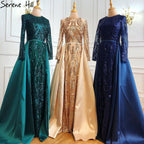 Dubai Peach Luxury Mermaid Vintage Evening Dress Sequined Long Sleeves With Train Evening Gowns 2024 Serene Hill LA6613