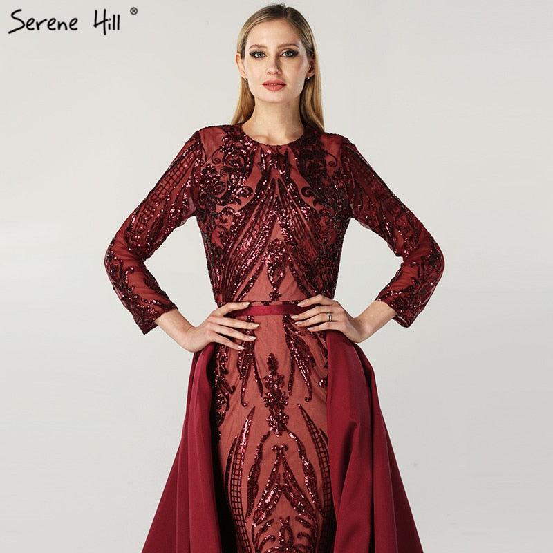 Dubai Peach Luxury Mermaid Vintage Evening Dress Sequined Long Sleeves With Train Evening Gowns 2024 Serene Hill LA6613