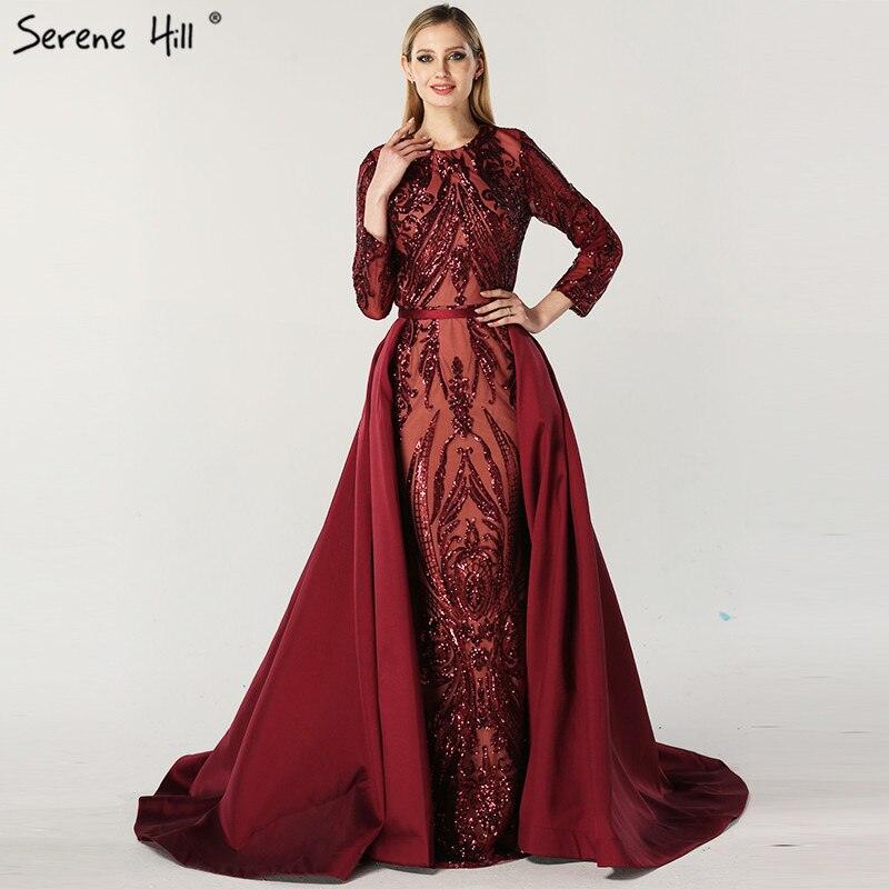 Dubai Peach Luxury Mermaid Vintage Evening Dress Sequined Long Sleeves With Train Evening Gowns 2024 Serene Hill LA6613