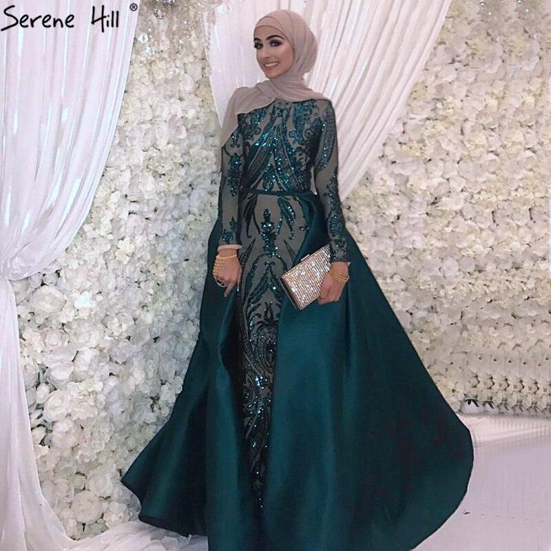 Dubai Peach Luxury Mermaid Vintage Evening Dress Sequined Long Sleeves With Train Evening Gowns 2024 Serene Hill LA6613