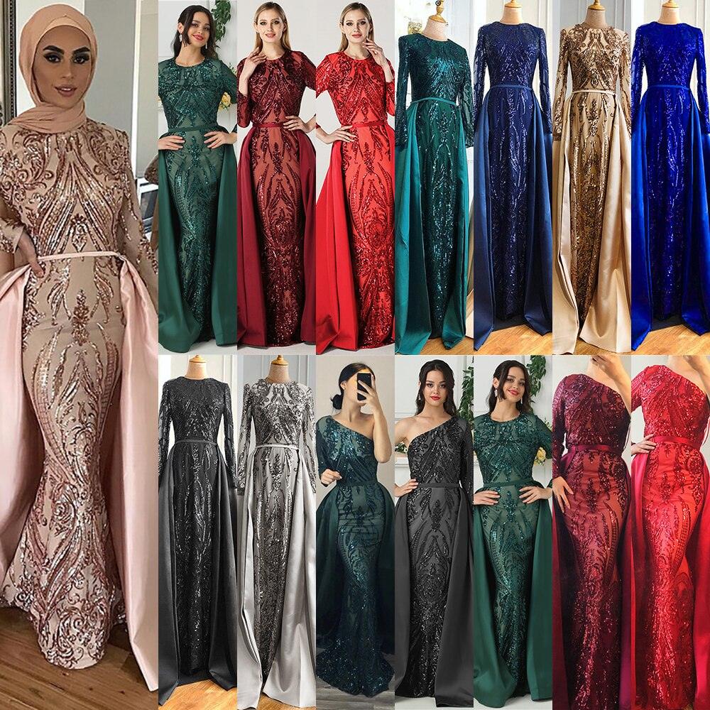 Dubai Peach Luxury Mermaid Vintage Evening Dress Sequined Long Sleeves With Train Evening Gowns 2024 Serene Hill LA6613