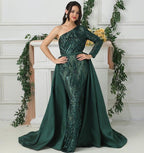 Dubai Peach Luxury Mermaid Vintage Evening Dress Sequined Long Sleeves With Train Evening Gowns 2024 Serene Hill LA6613