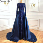 Dubai Peach Luxury Mermaid Vintage Evening Dress Sequined Long Sleeves With Train Evening Gowns 2024 Serene Hill LA6613
