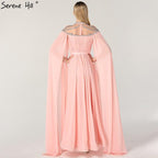 On Sale No Return No Refund  Dubai Pink High Collar Chiffon Evening Dresses Design Diamond Sleeveless Beach Evening Gowns 2024 Serene Hill LA60736