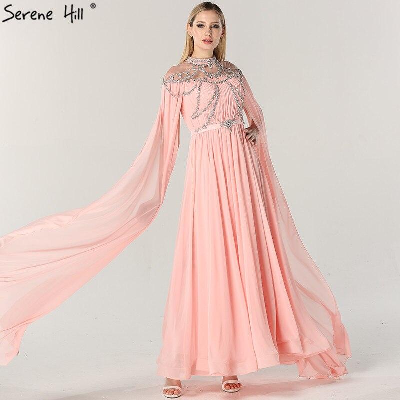 On Sale No Return No Refund  Dubai Pink High Collar Chiffon Evening Dresses Design Diamond Sleeveless Beach Evening Gowns 2024 Serene Hill LA60736