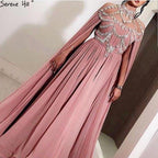 On Sale No Return No Refund  Dubai Pink High Collar Chiffon Evening Dresses Design Diamond Sleeveless Beach Evening Gowns 2024 Serene Hill LA60736