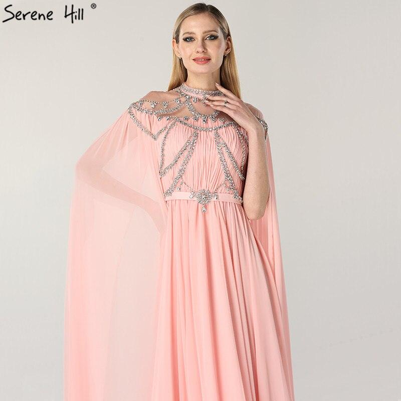 On Sale No Return No Refund  Dubai Pink High Collar Chiffon Evening Dresses Design Diamond Sleeveless Beach Evening Gowns 2024 Serene Hill LA60736