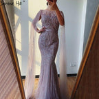 Dubai Pink Luxury Long Sleeves Evening Gowns 2024 Mermaid Sequins Beading Sexy Fromal Dresses Serene Hill LA70160