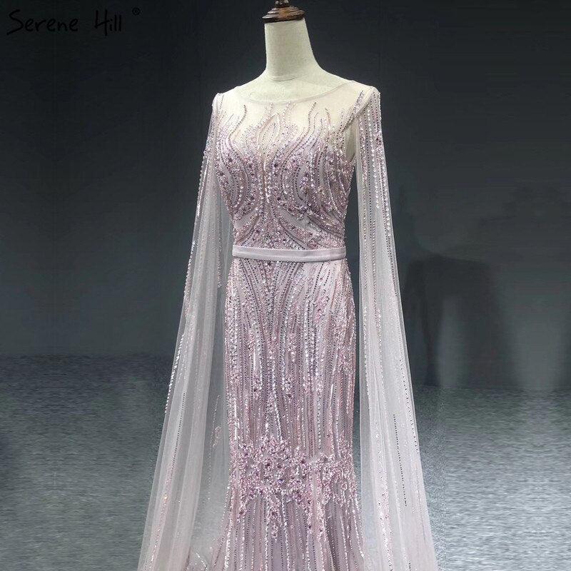 Dubai Pink Luxury Long Sleeves Evening Gowns 2024 Mermaid Sequins Beading Sexy Fromal Dresses Serene Hill LA70160