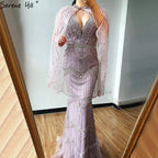 Dubai Purple V-Neck Mermaid Sexy Evening Dresses 2024 Sleeveless Shawl Yarn Feathers Formal Dress Serene Hill LA70171A