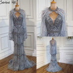 Dubai Purple V-Neck Mermaid Sexy Evening Dresses 2024 Sleeveless Shawl Yarn Feathers Formal Dress Serene Hill LA70171A